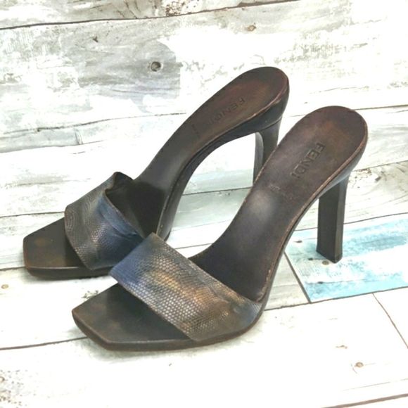 Fendi Shoes - FENDI High Heel Slides Wood & Leather w/ iridescent snake texture size 36 (6)